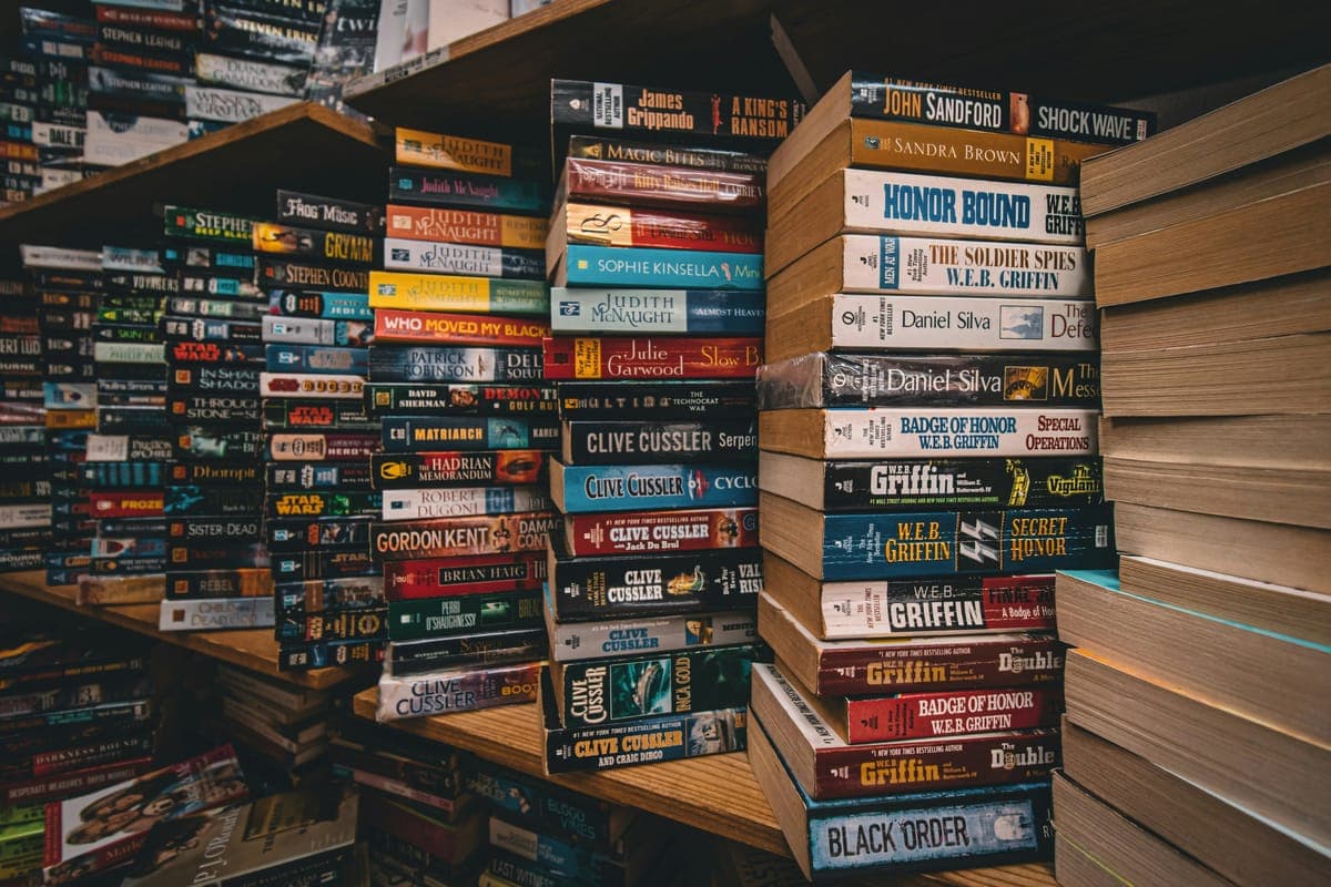 Стопки книг на полицях